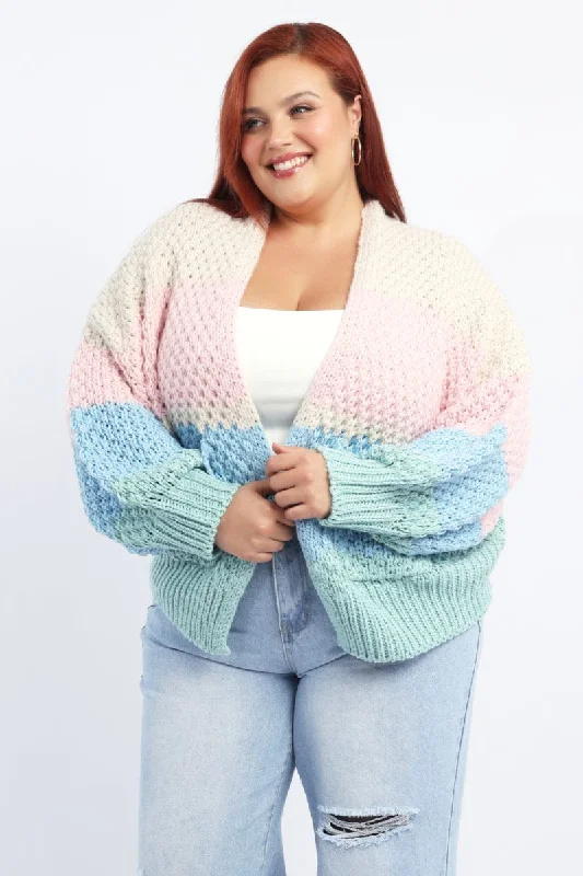 Multi Stripe Oversized Knit Cardigan Collared Crew Neck Turtle Neck