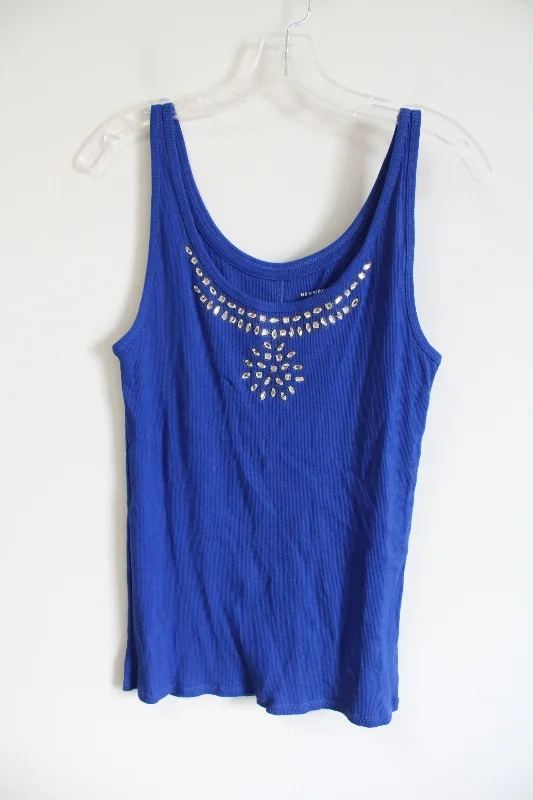 New York & Company Blue Ribbed Sequined Tank | L soft tank top