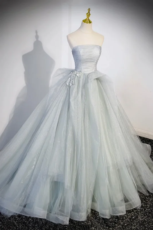 Gray Strapless Long Formal Dress, Gray Tulle Evening Dress Party Dress Tunics Denim casual