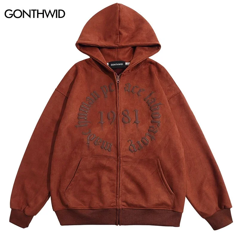 Vintage Suede Hoodie Sweatshirt Jacket Hip Hop Retro Letter Print Zip Up Hooded Harajuku Casual Loose Punk Gothic Y2k Couples Chenille Jacket Brocade Jacket Lace Jacket