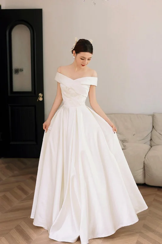 White Satin Off the Shoulder Prom Dresses, A-Line Floor Length Evening Party Dresses Tunics Sophisticated sleek