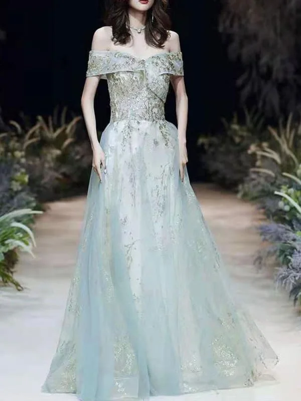 Prom Dress Mint Green Off The Shoulder A-Line Short Sleeves Lace-Up Sequins Long Party Dresses Tunics Chic fashionable