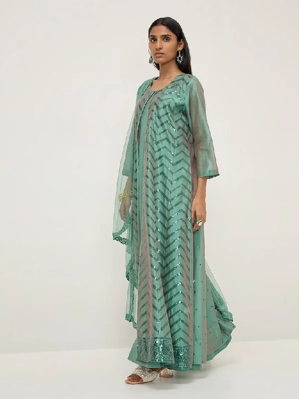 Vark Green Embellished Cotton-Blend Kurta, Inner, Pants and Dupatta Set Cozy Fitted Pants