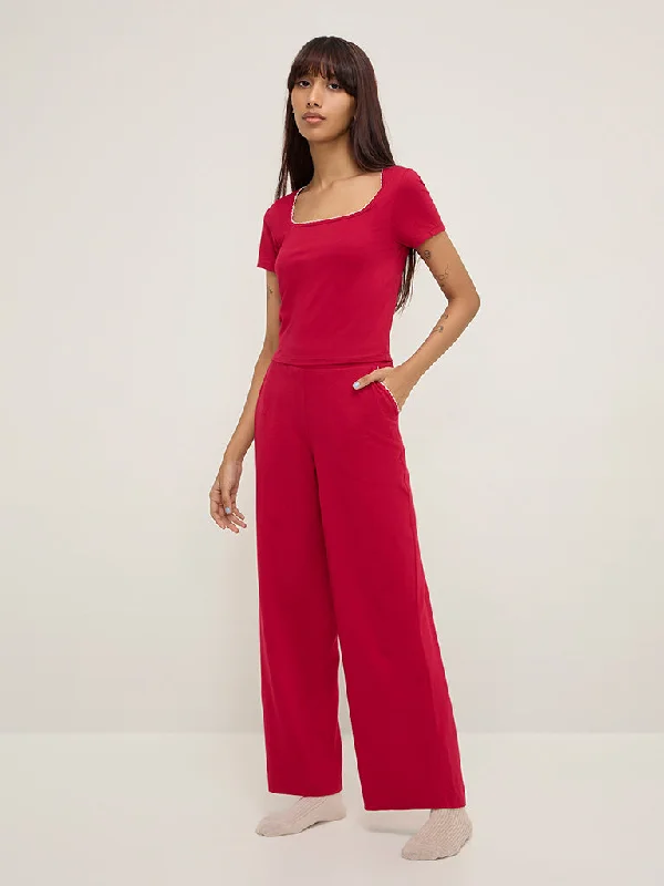 Superstar Red High-Rise Cotton-Blend Pants Classic Straight-Leg Pants