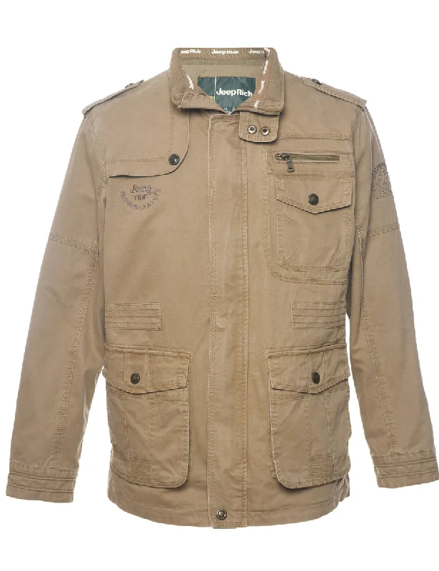 Brown Zip-Front Jeep Embroidered Jacket  - XL One-Shoulder Jacket Off-the-Shoulder Jacket Asymmetrical Jacket