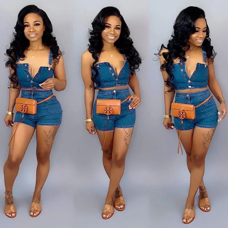Women Sexy Single-Breasted Denim Tank Top And Shorts Two-Piece Sets yoga tank top
