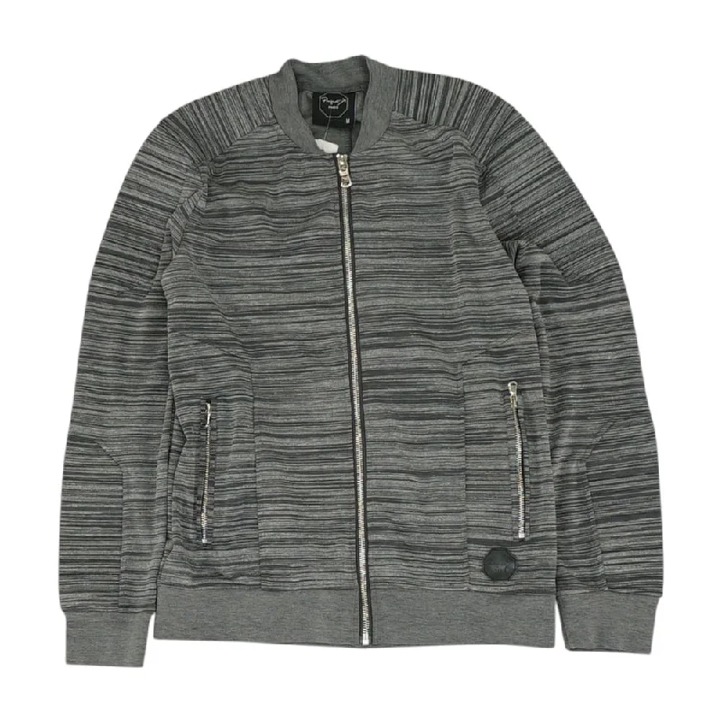 Gray Striped Lightweight Jacket Zip Front Button Front Snap Front