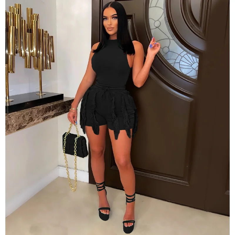 Women Fashion Casual Sleeveless Tank Top Drawstring Tassel Shorts Solid Color Two-Piece Set graphic tank top