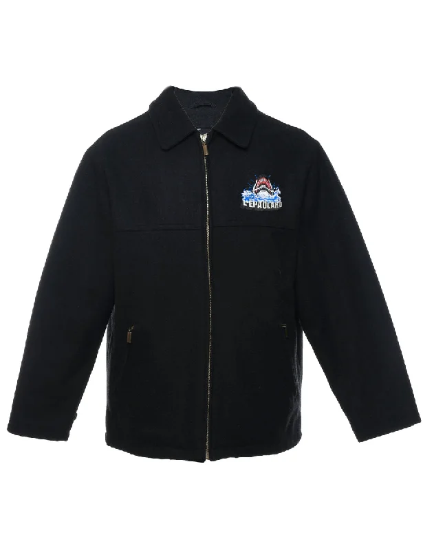 Black Embroidered Zip-Front Jacket - M Chenille Jacket Brocade Jacket Lace Jacket