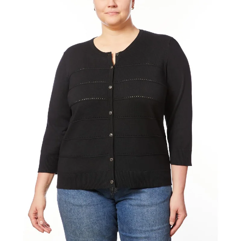 Melissa Paige Womens Plus Striped Knit Cardigan Sweater Polka Dot Checkered Tartan
