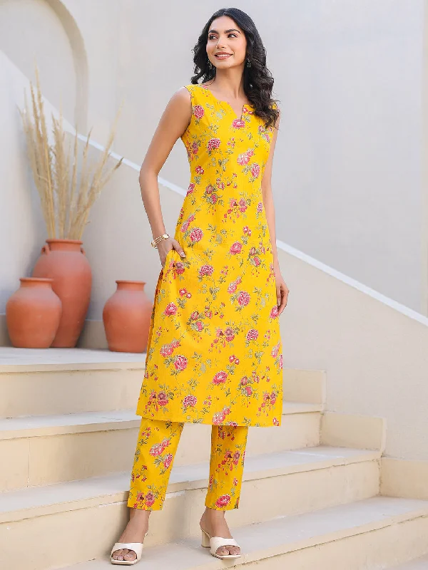 Yellow Pure Cotton Floral Printed Straight Kurta Pant Set Sleek Black Pants