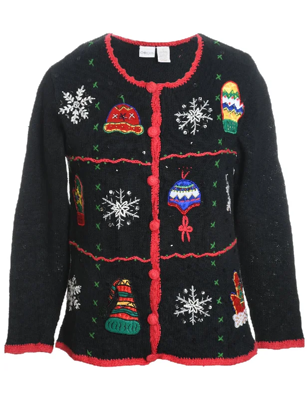 Black Embroidered Button-Front Christmas Cardigan  - S Chenille Fabric Brocade Fabric Lace Fabric