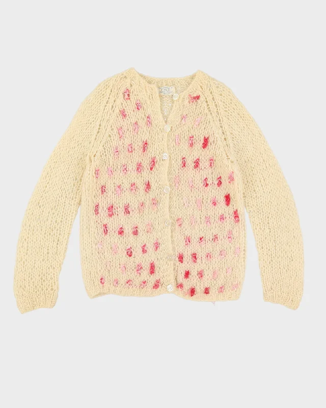 Vintage 1980s Hand Knitted Cream Cardigan - M Cardigan Knitwear Sweater