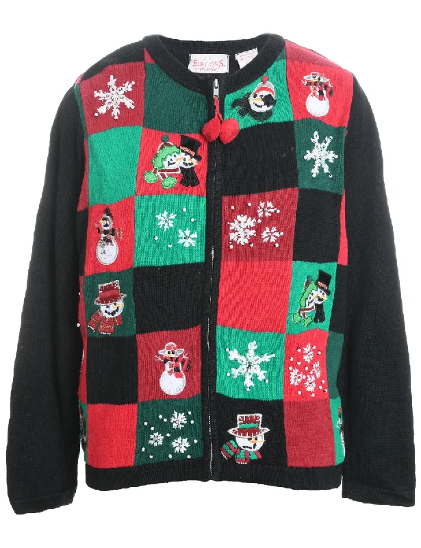Black, Red & Green Snowman Knit Christmas Cardigan  - M Thin Thick Dense