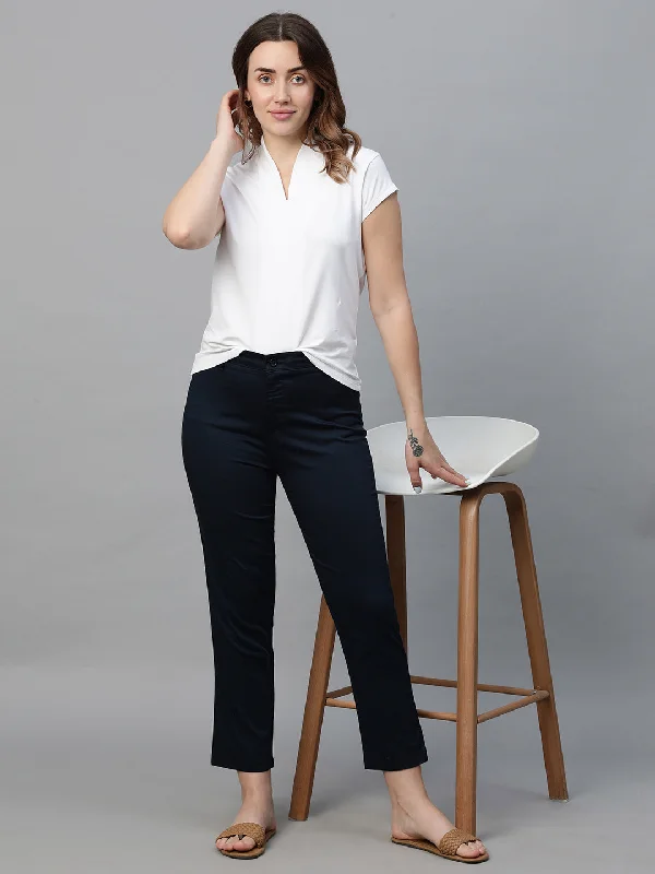 Women's Navy Cotton Lycra Regular Fit Pant Slim Fit Casual Pants