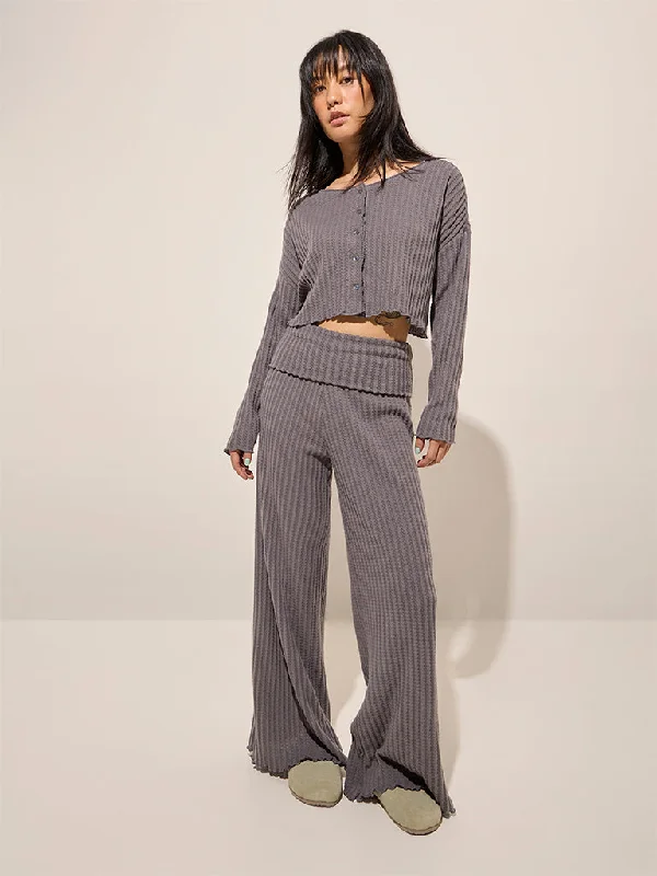 Superstar Grey Self-Striped High-Rise Pants Classic Pleated Pants