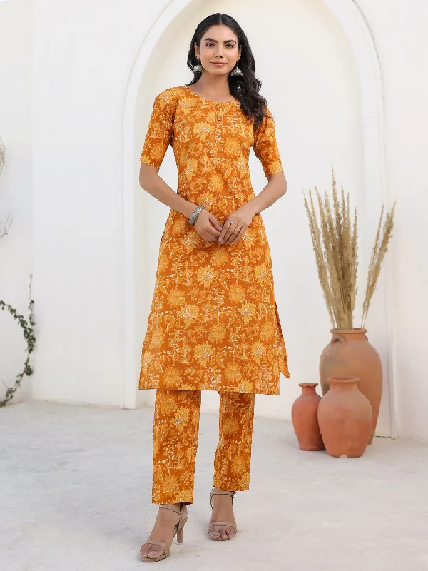 Mustard Pure Cotton Floral Printed Straight Kurta Pant Set Classic Straight Pants