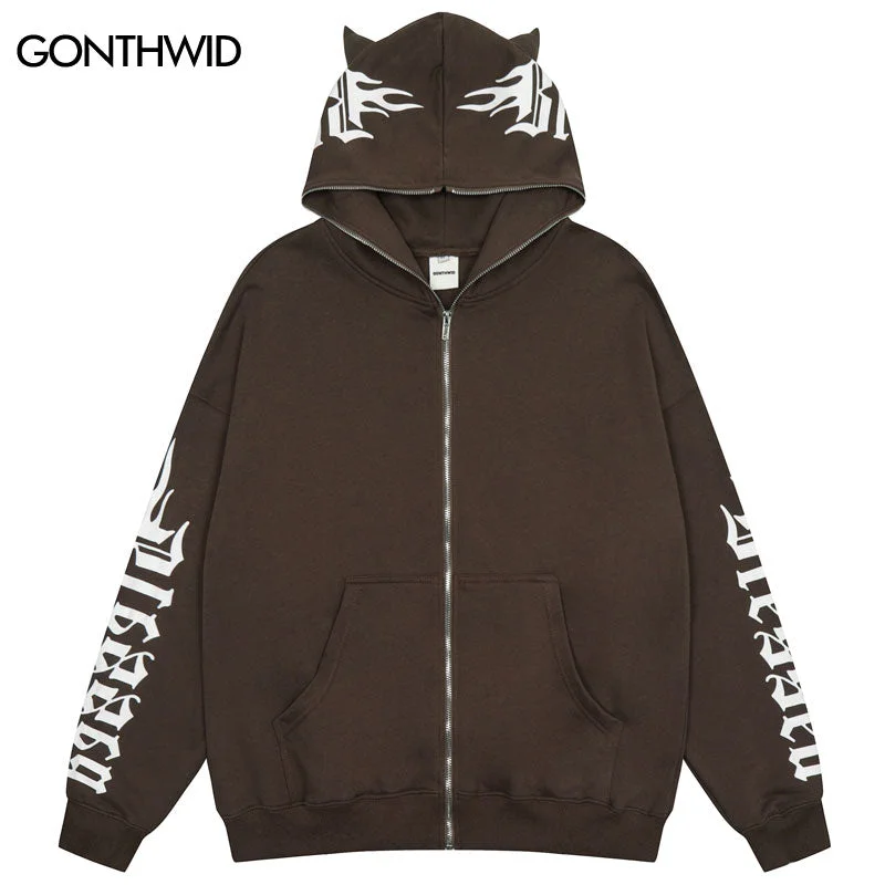 Hip Hop Hoodie Sweatshirt Jacket Y2K Streetwear Grunge Letter Print Zip Up Hooded Coat 2023 Vintage Harajuku Casual Cotton Tops Fitted Jacket Loose Jacket Oversized Jacket