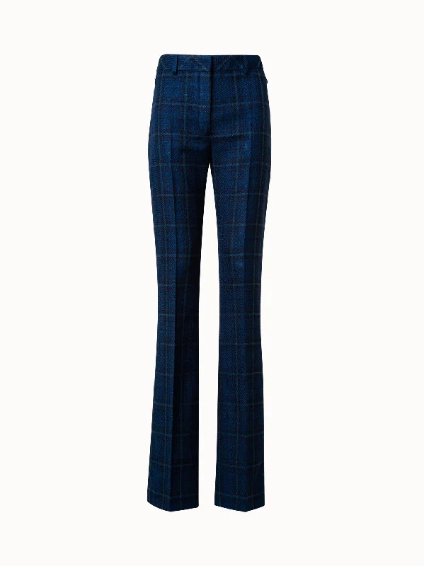 Slight Bootcut Silk Cotton Check Pants Warm Wool Trousers