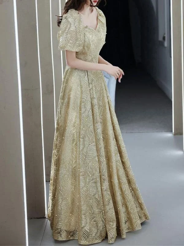 Light Blond Evening Dress A-Line V-Neck Half Sleeves Lace-Up Sequined Floor-Length Formal Party Dresses Tunics Polka dots