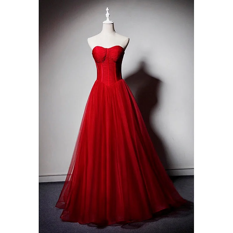 Red Sweetheart Tulle Ball Gown Floor Length Formal Dresses, Red Tulle Evening Dresses Party Dresses sweetheart Neckline Romantic