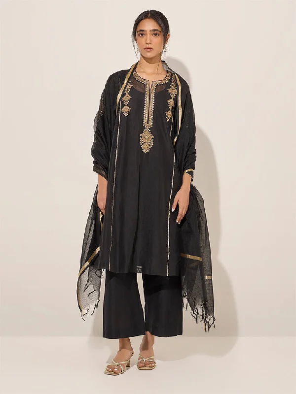 Vark Black A-Line Kurta, Inner, Pants and Dupatta Set Trendy High-Waist Trousers