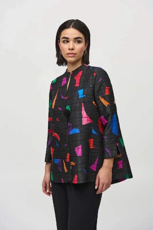 Joseph Ribkoff Black/Multi Geometric Print Trapeze Jacket 244230 Lace Jacket Ribbed Jacket Sequined Jacket