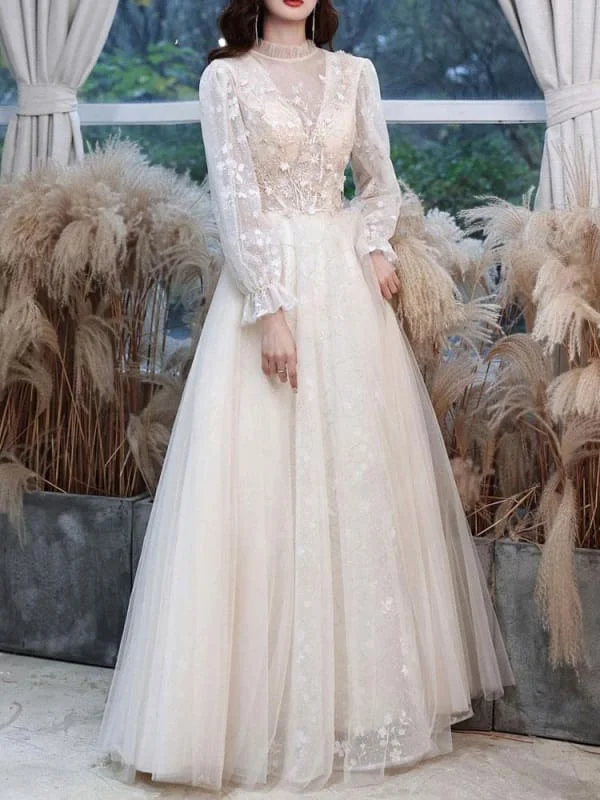 Champagne Evening Dress A-Line Jewel Neck Long Sleeve Lace Sequined Floor-Length Formal Party Dresses Tunics Corduroy durable