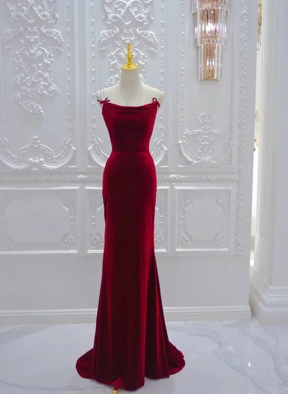 Wine Red Mermaid Straps Long Evening Dresses, Wine Red Velvet Party Dresses Tunics Seasonal trendy
