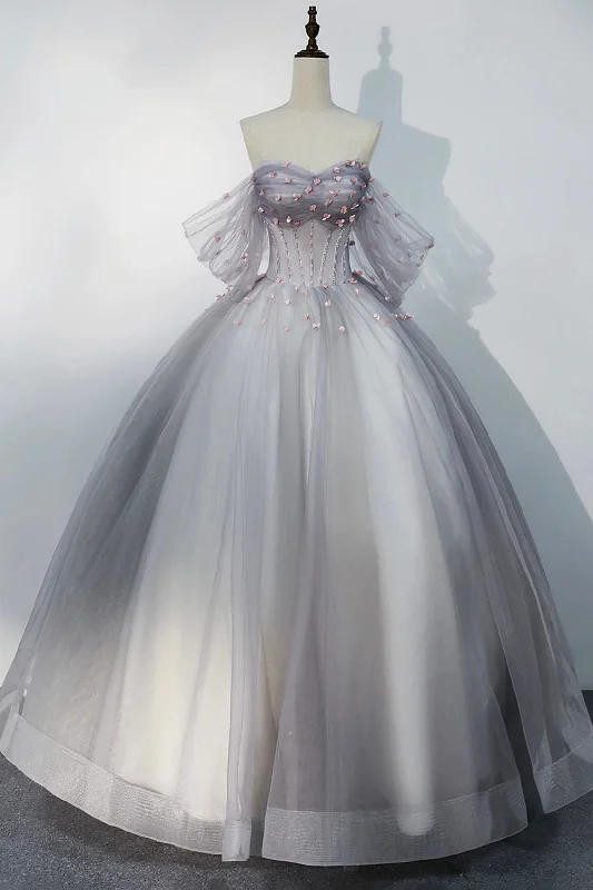 Gray Tulle Floor Length Prom Dresses, Off the Shoulder Evening Party Dresses Tunics Hiking breathable