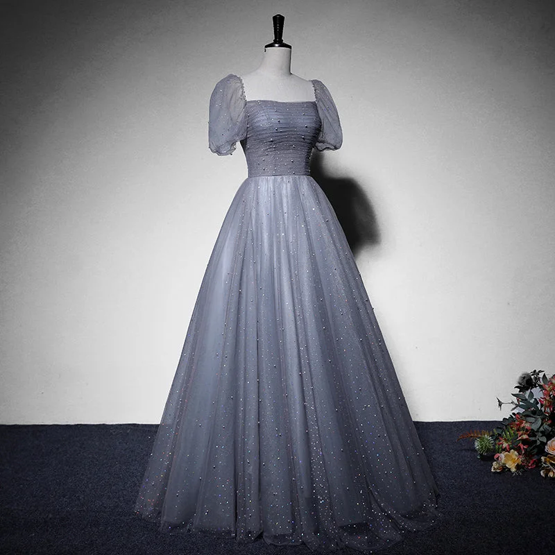 Grey Beaded Tulle Long Formal Dresses Party Dresses, Grey Evening Gown Formal Dresses Tunics Stylish elegant