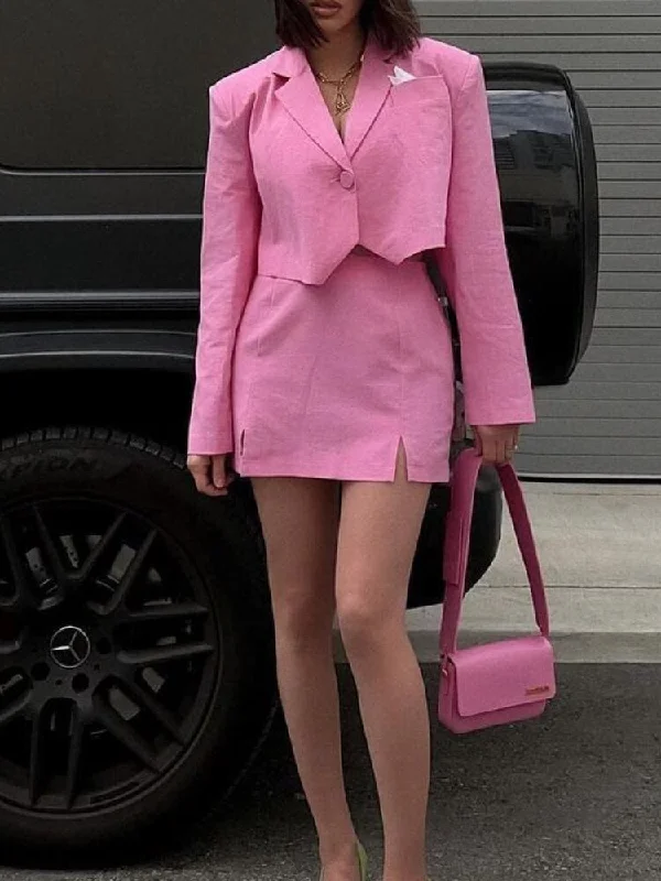 Skirt Set Coat Summer Sexy Short Suit Split Hip Skirt Two-piece Suit Cotton Pink Jacket Casual Office Lady Blazer and Skirt Set Denim Fabric Leather Fabric Suede Fabric