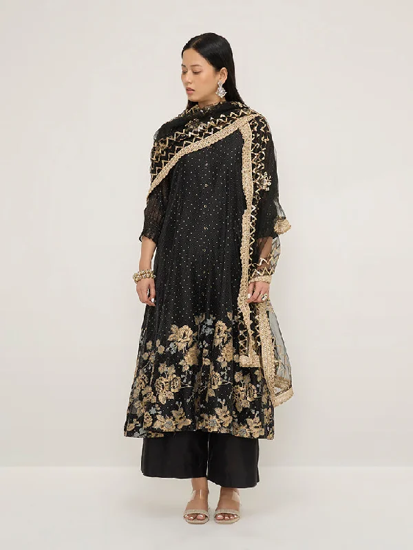 Vark Black Floral Printed A-Line Kurta, Inner, Ethnic Pants and Dupatta Set Chic Slim Fit Pants