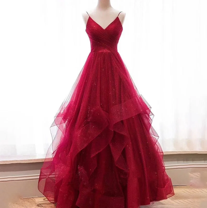 Wine Red Layers Tulle V-neckline Straps Formal Dresses, Wine Red Evening Dresses Party Dresses empire Waist empire