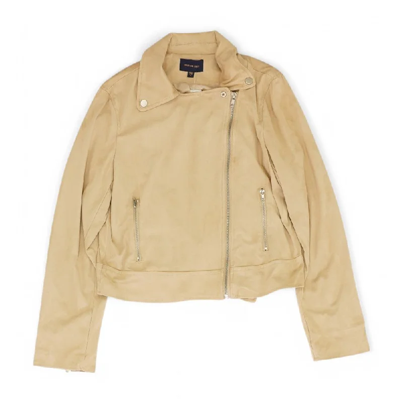 Tan Solid Jacket Tiered Jacket Buttoned Jacket Zippered Jacket