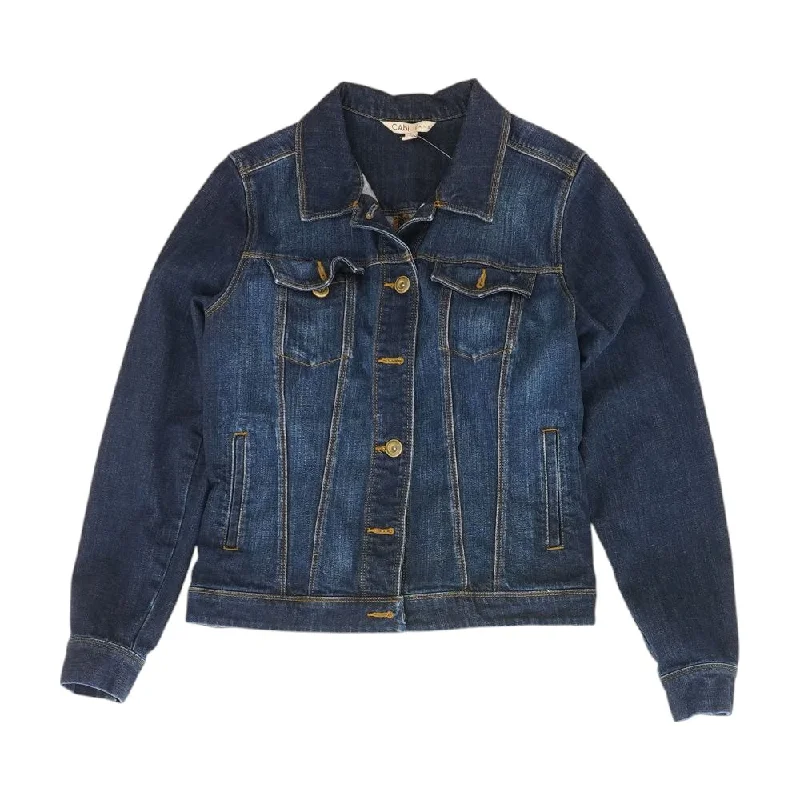 Navy Solid Denim Jacket A-Line Jacket Boat Neck Shawl Collar