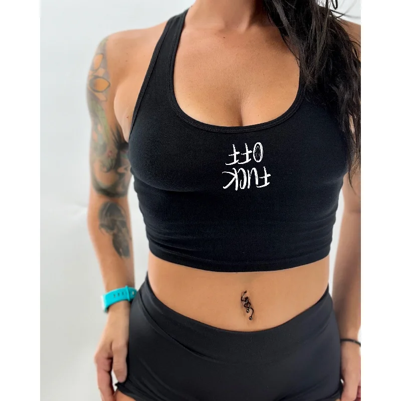 Salty Savage Ladies "Fuck Off" Cropped Racerback Tank | Micro WIPE OUT Edition white tank top