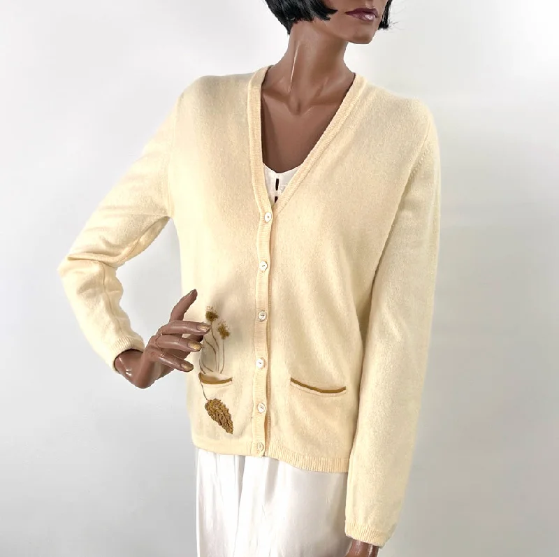50s Cashmere Cardigan Women's Sweater 60s Vintage Intarsia Leather Plants Bernhard Altmann VFG Seamless Knitted Crochet