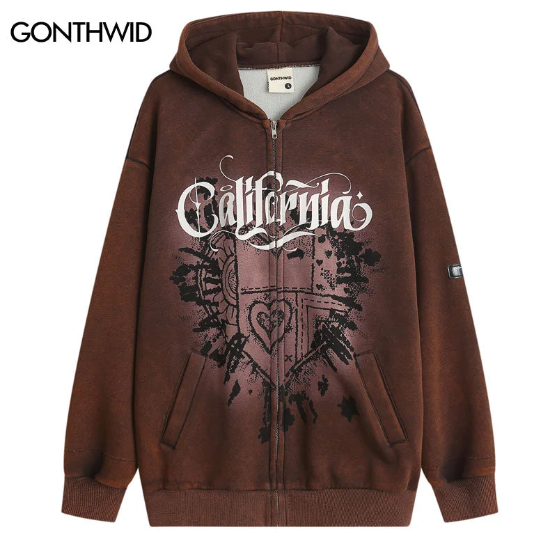 Vintage Hoodie Jackets Streetwear Hip Hop Graphic Print Punk Gothic Fleece Hooded Sweatshirt Harajuku Casual Zipper Washed Coats Front Pockets Side Pockets Patch Pockets