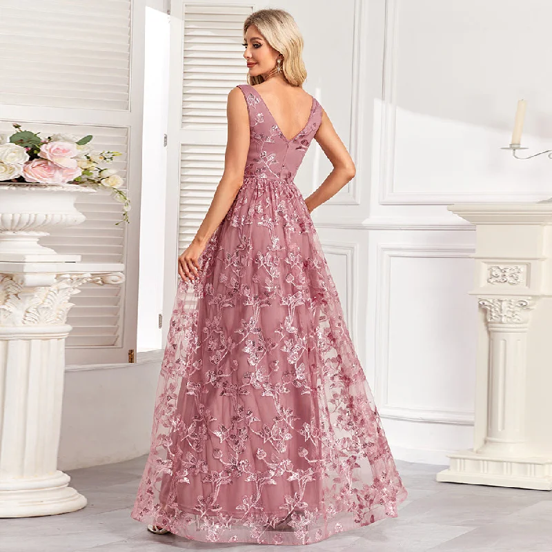 Sleeveless Double V Neck Mesh Floral Print Full Lining Back Zipper Large A Swing Evening Dress Party Dress Tunics Seasonal trendy