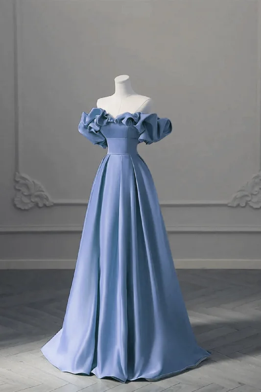 A-line Blue Satin Off Shoulder Long Evening Dresses, Long Formal Dresses Party Dresses Tunics Vintage classic