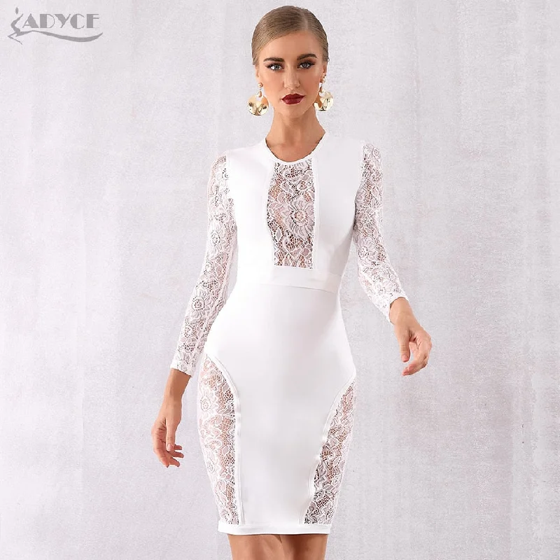 ADYCE Hot Sexy Hollow Out Long Sleeve Elegant White Lace Bandage Party Dress - H5772 Tunics Short Trendy