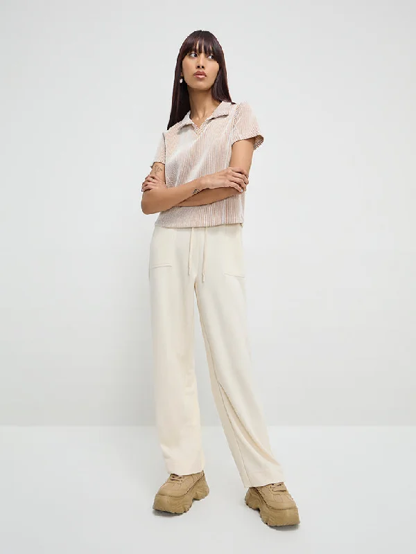 Studiofit Off-White Solid High-Rise Track Pants Relaxed Fit Trousers