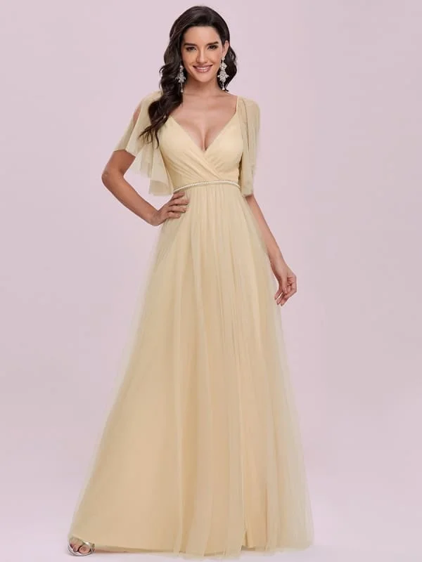 Yellow Prom Dress A-Line V-Neck Tulle Short Sleeves Backless Sash Party Dresses Long Evening Dress Tunics Recommended stylist