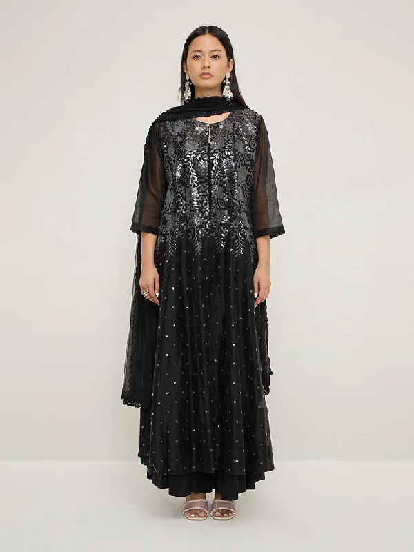 Vark Black Floral Cotton-Blend A-Line Kurta, Inner, Pants and Dupatta Classic Stretch Pants