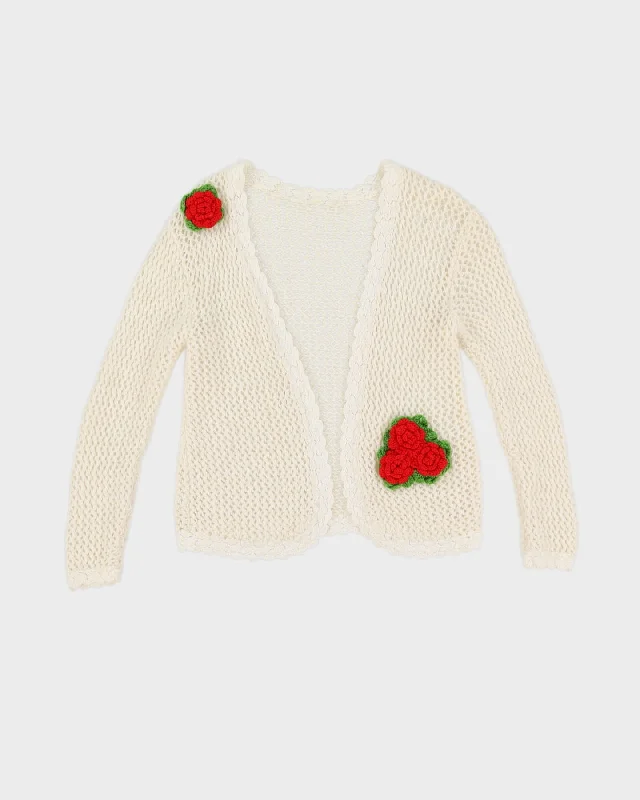 White With Flower Detail Cardigan - S Hooded Cardigan Collared Cardigan Shawl Collar