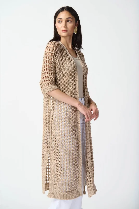 Joseph Ribkoff Champagne Open Stitch 3/4 Sleeve Knit Cover-Up Jacket 242902 Jersey Jacket Tulle Jacket Batik Jacket