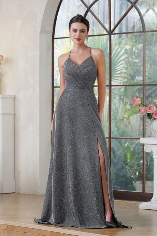 Halter Prom Dress with High Slit Sleeveless Pleated Glitter V-neck Party Dress with Pocket Tunics Fall fleece