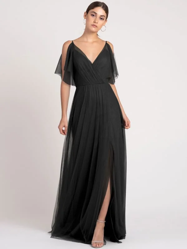 Black Evening Dress A-Line V-Neck Sleeveless Matte Satin Floor-Length Pleated Formal Party Dresses Lace Sexy Club