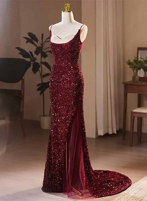 Wine Red Sequins Mermaid Long Formal Dresses, Wine Red Evening Dresses Party Dresses Tunics Modern contemporary